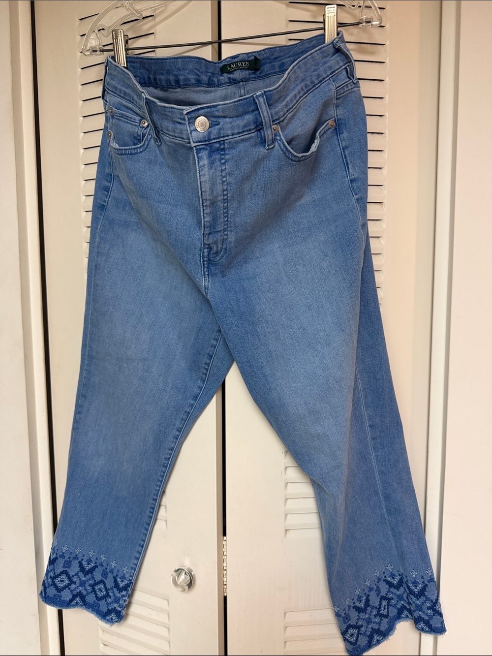 Lauren Ralph Lauren Light Blue Cropped Jeans with Dark Blue Embroidered Hem
